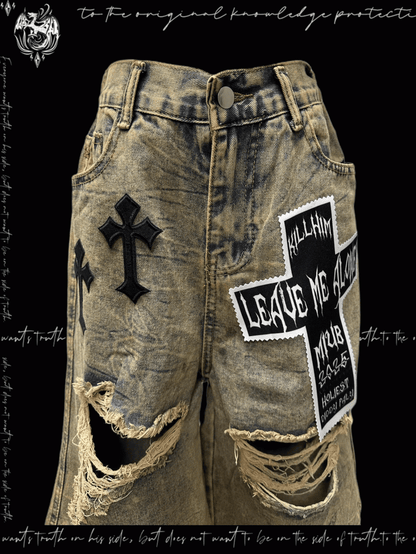 パンクなウェイストランドクロスのアップリケ、イエローのダメージ加工の穴あきデニムショーツ、Y2K