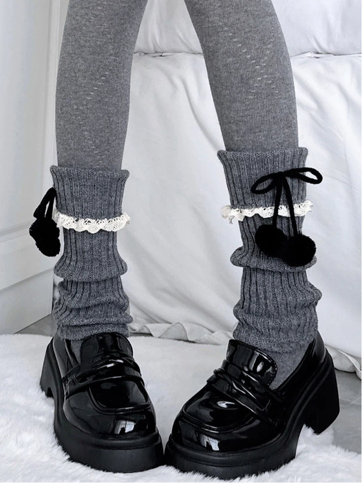 Leg Warmers Gray Slouchy Lace Pom-Pom Dark Ribbed