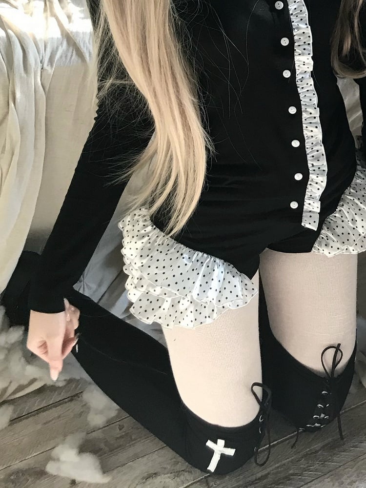 Layered Frill Shorts Pattern Spot Black with Trim Gothic