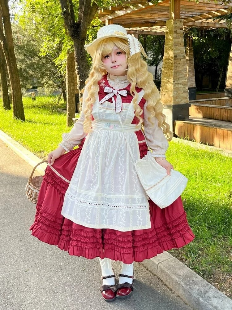 Embroidered Apron Floral Lolita Beige