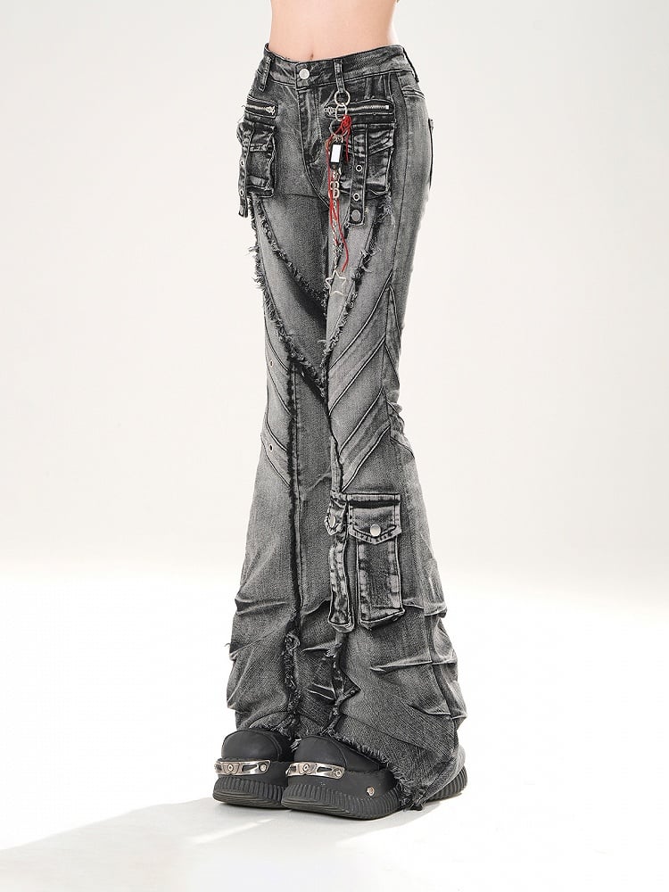 ウォッシュフレアジーンズ カーゴポケット 切りっぱなし裾 ダメージ加工 フェードブラック