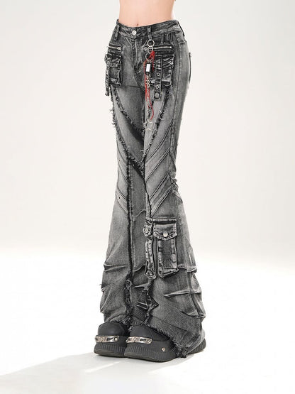 ウォッシュフレアジーンズ カーゴポケット 切りっぱなし裾 ダメージ加工 フェードブラック