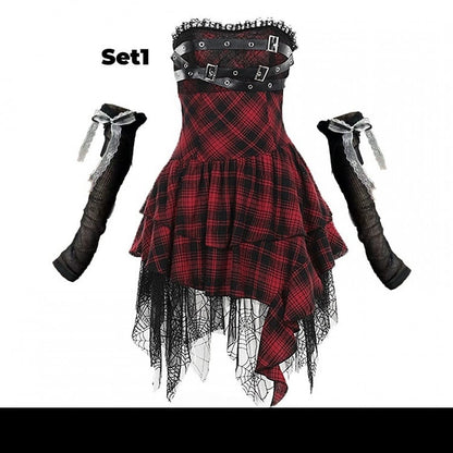 Red Plaid Handkerchief Hem Buckle Straps Strapless Glamorous Punk Dress