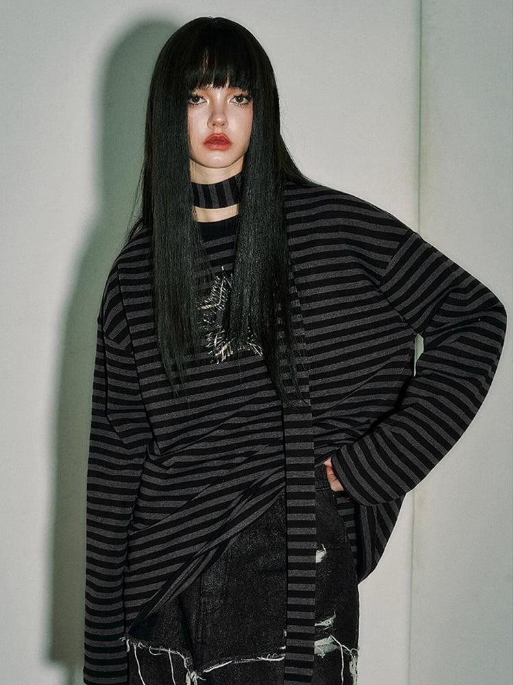Punk Star Black Striped Top Pins Sleeves and Loose Gray Long