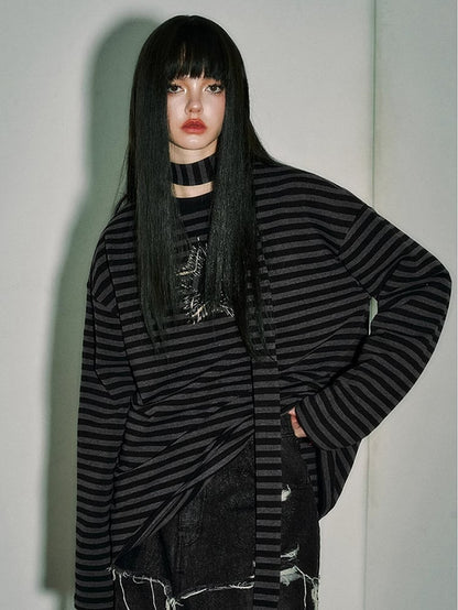 Punk Star Black Striped Top Pins Sleeves and Loose Gray Long