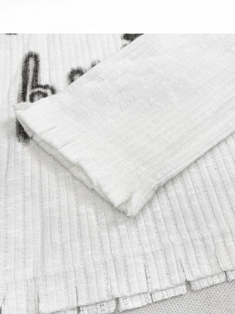 Weißes Y2K-Top mit Ärmeln, asymmetrischer langer Print-Ausschnitt +