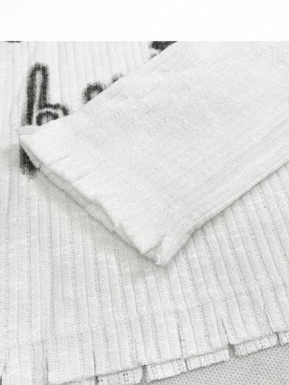 Weißes Y2K-Top mit Ärmeln, asymmetrischer langer Print-Ausschnitt +