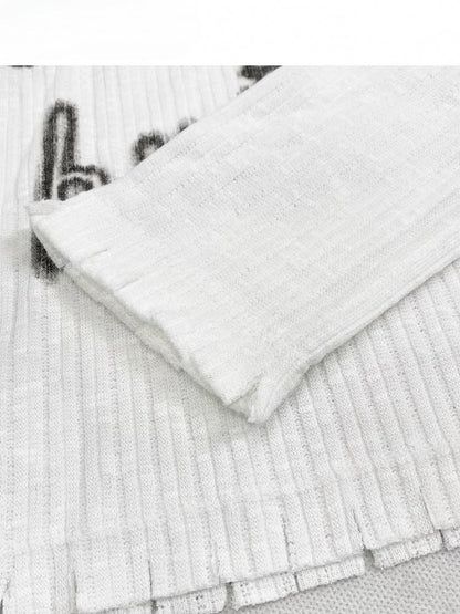 Ausschnitt + Y2K asymmetrisches weißes Langarm-Design-Print-Top