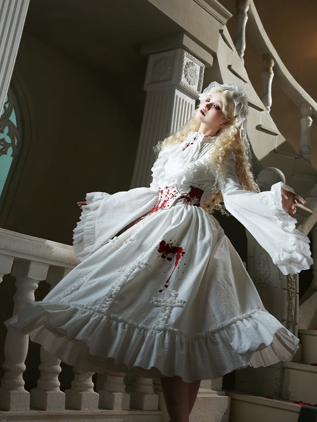 Bell Gothic Long Asymmetrical - Version Corset Brooch Lolita Belt Sleeves OP Jabot White + Set