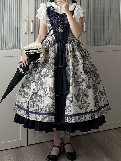 Bodice Forest Elegant Dress and Dark Corset Animals Lolita with Print Blue