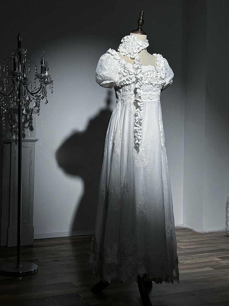 Quadratische verzierte Taille Rosen Elegant Empire Stück Ausschnitt weißes Kleid One Lolita