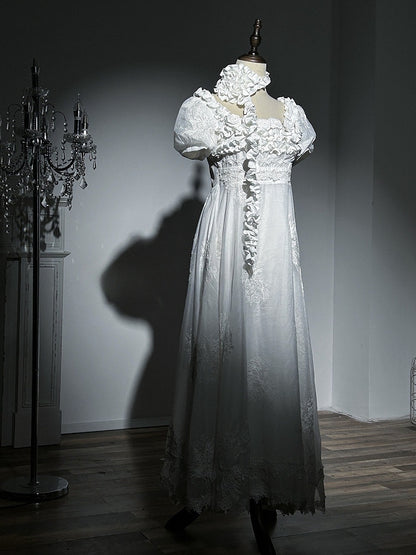 Quadratische verzierte Taille Rosen Elegant Empire Stück Ausschnitt weißes Kleid One Lolita