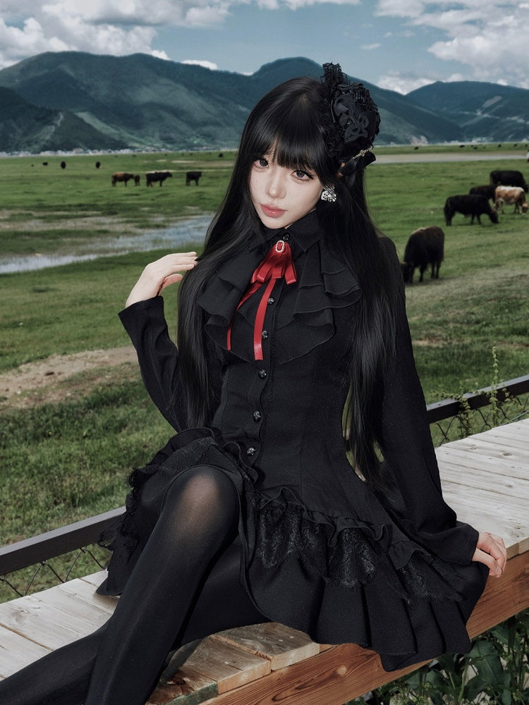 High-Low Ruffled Lolita Dress with Red Bow Tie, Long Sleeve Black for Autumn - muggle studio
