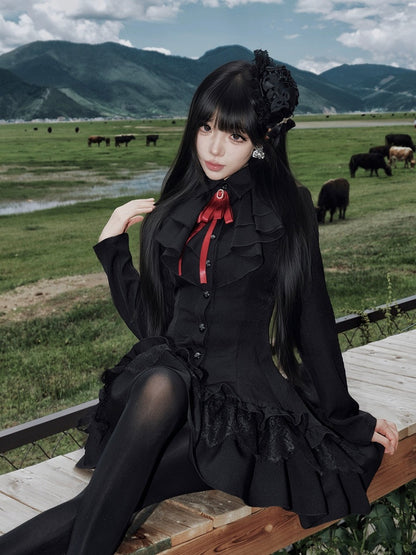 High-Low Ruffled Lolita Dress with Red Bow Tie, Long Sleeve Black for Autumn - muggle studio