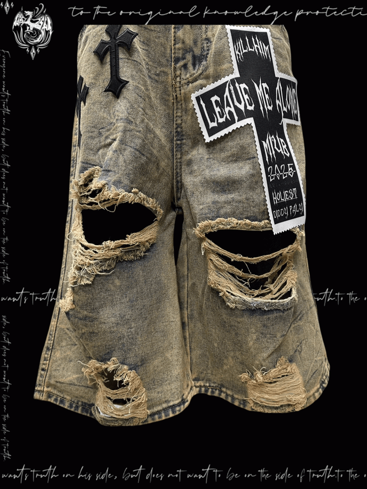 パンクなウェイストランドクロスのアップリケ、イエローのダメージ加工の穴あきデニムショーツ、Y2K