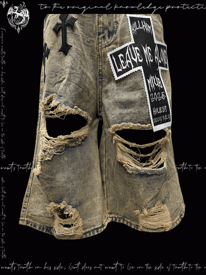 パンクなウェイストランドクロスのアップリケ、イエローのダメージ加工の穴あきデニムショーツ、Y2K