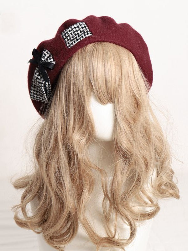 4 Color Options Lolita Houndstooth Bowknot Beret