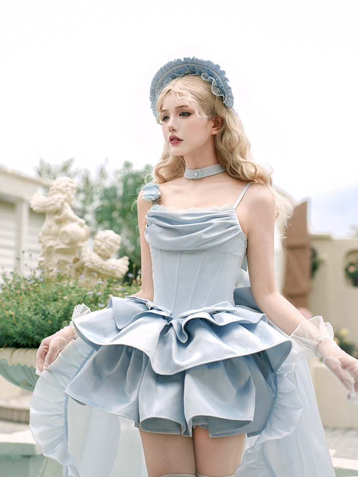 Set mit Stäbchen, JSK-Taille, volle Träger, elegantes blaues Kleid mit Ausschnitt, Wasserfallausschnitt, Spaghetti-Lolita