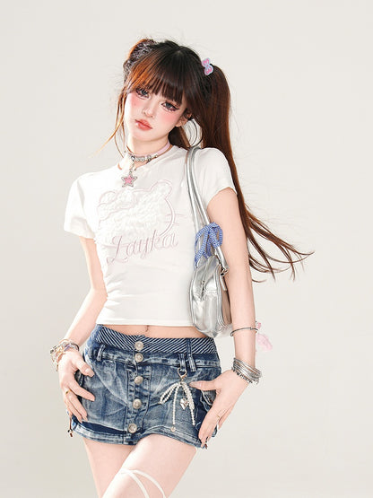 Schwarz/weißes, glamouröses T-Shirt mit Spitzenstickerei und Kätzchen-Stickerei