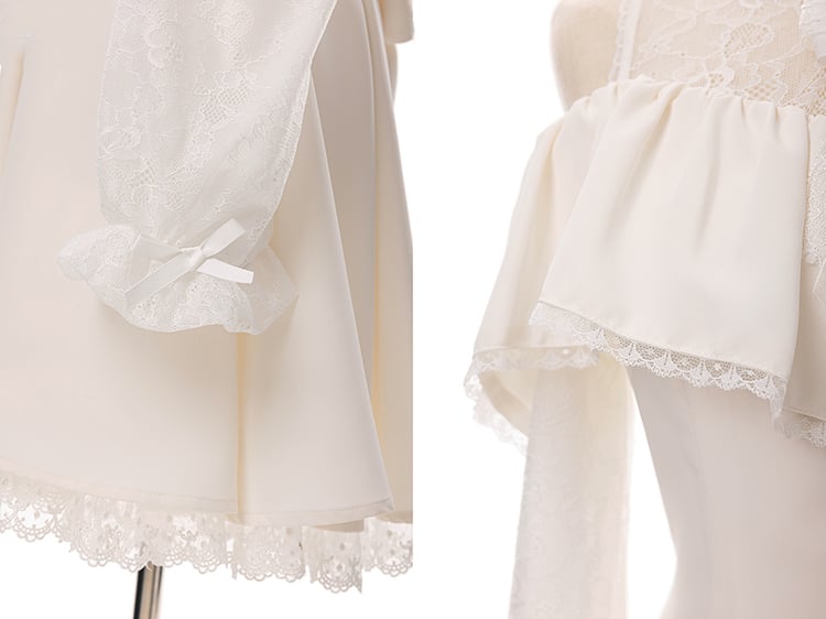 Beiges Jirai Kei-Kleid mit Illusionsausschnitt, ausgeschnittenen Schultern und Fliege