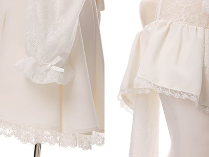 Beiges Jirai Kei-Kleid mit Illusionsausschnitt, ausgeschnittenen Schultern und Fliege