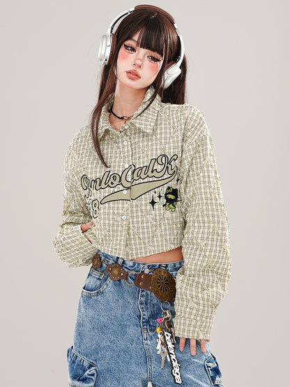Green/Pink Letters Plaid Cropped Shirt