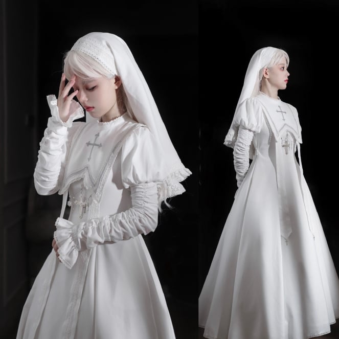 Halloween Cross Sleeves Juliette Embroidery White Leg-of-Mutton Dress / Outfits Nun Lolita