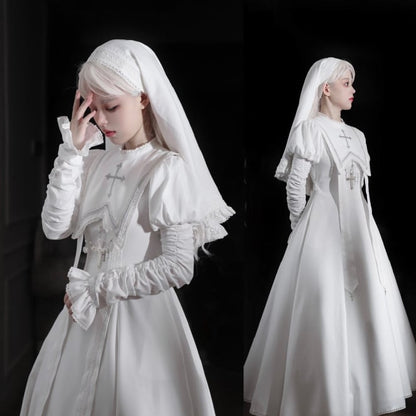 Halloween Cross Sleeves Juliette Embroidery White Leg-of-Mutton Dress / Outfits Nun Lolita
