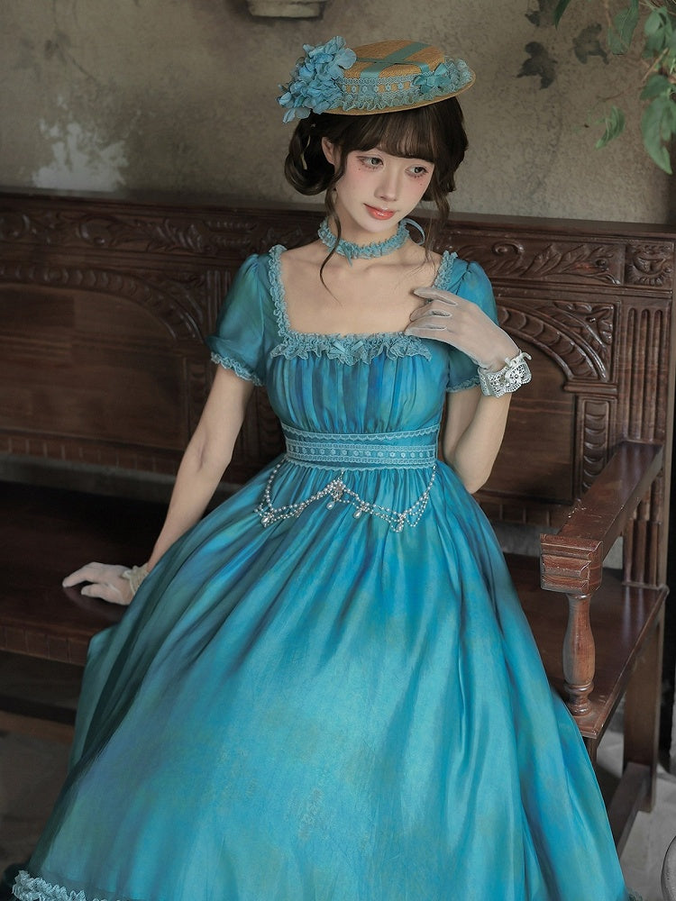 Square Neck Teal Lolita Dress with Belt & Chain Set - Elegant - With PUJI