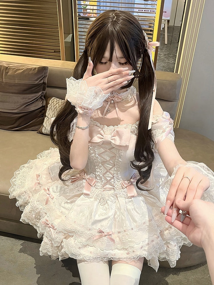 Details Multi-Layered Bow Princess Dress Lace Lolita Apricot Jacquard with