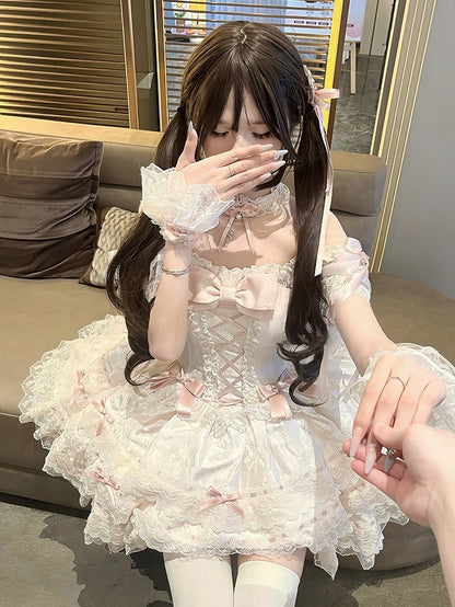 Details Multi-Layered Bow Princess Dress Lace Lolita Apricot Jacquard with