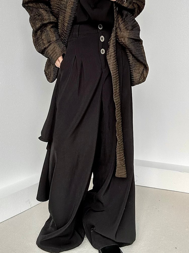Black Wide-Leg Draped Ouji with Fly Three-Button High-Waisted Lolita Panel Pants