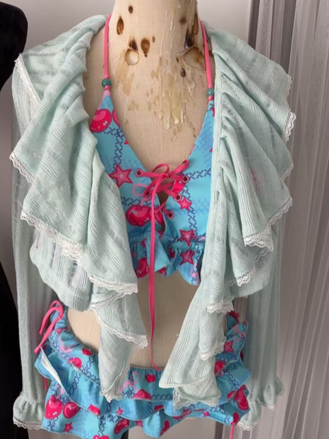 Lace-trimmed Cardigan Blue Protection Ruffle Cascading Semi-Sheer with Sun Accents