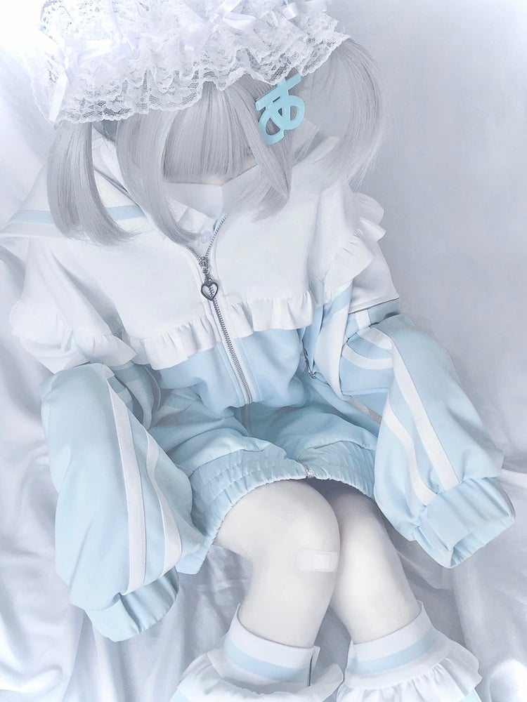 WhiteBlue Sweatshrit Jirai Collar Kei Zip Sailor Closure Jacket