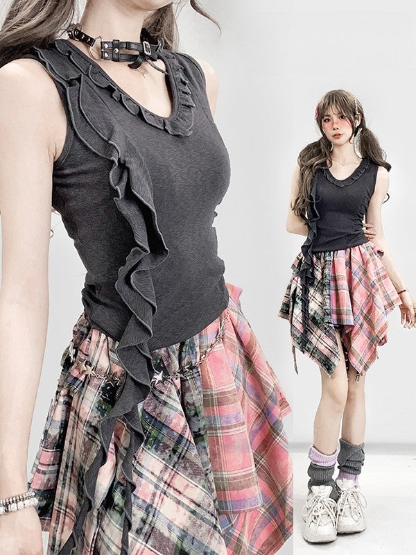 非対称のほろ苦いトリム裾フリルグレーグラマラス