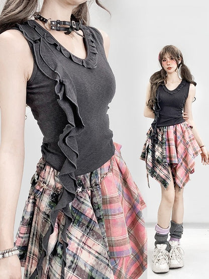 非対称のほろ苦いトリム裾フリルグレーグラマラス