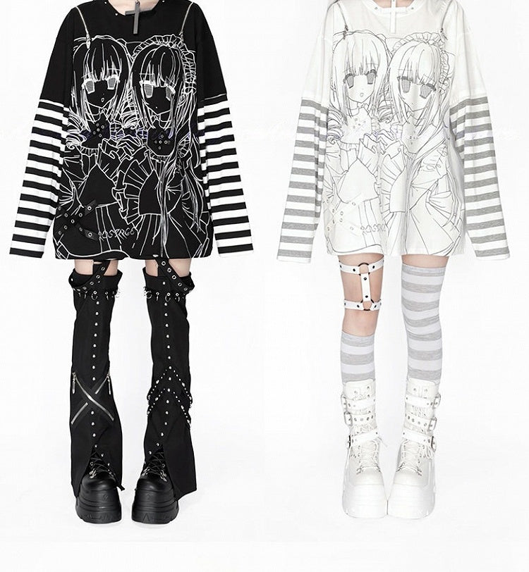 Striped Top Shoulder Black Zip-Adjustable White Jirai Printed Cutout Kei Girl