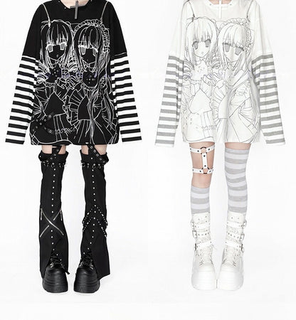 Striped Top Shoulder Black Zip-Adjustable White Jirai Printed Cutout Kei Girl