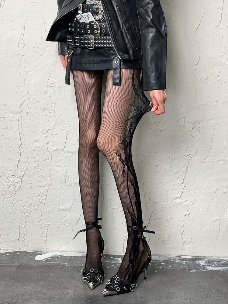 Gothic Schwarze Y2K-Strumpfhose mit seitlichen Ranken und Hohlsaum