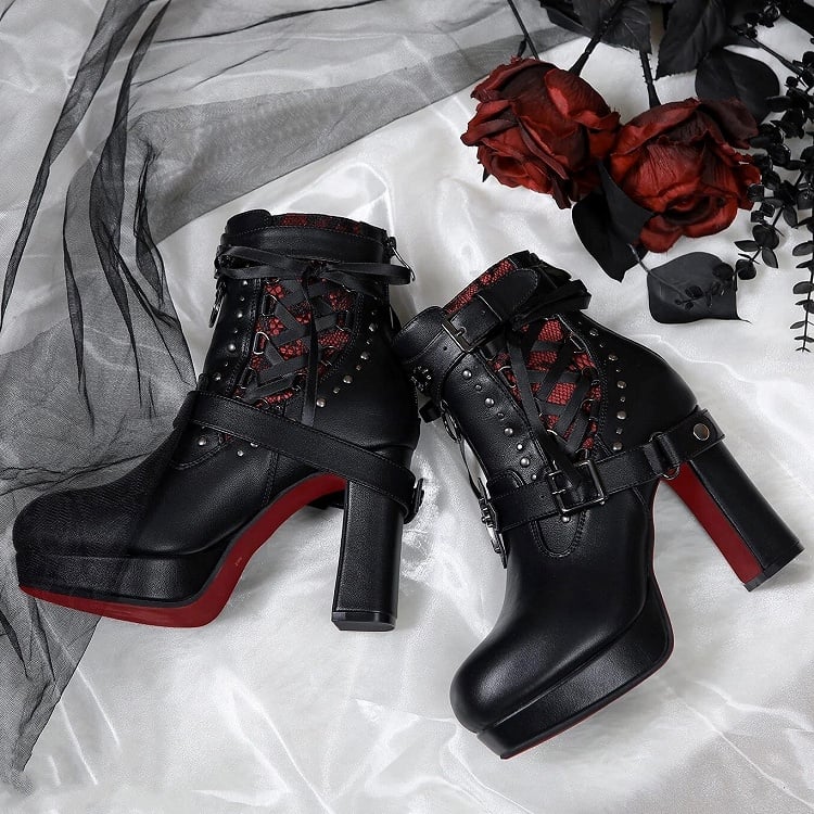 Gothic Studded High-Heel Boots with Red Sole - Lacy Bones