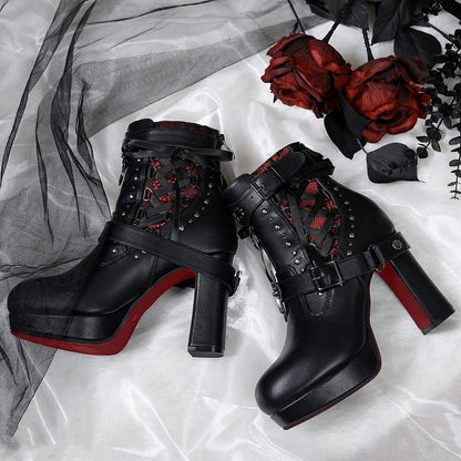 Gothic Studded High-Heel Boots with Red Sole - Lacy Bones