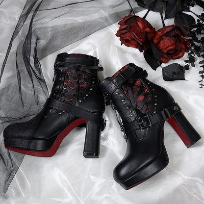 Gothic Black High-Heel Boots with Red Sole, Studs, Dual Closure & Detachable Buckles, Size 38 - Lacy Bones
