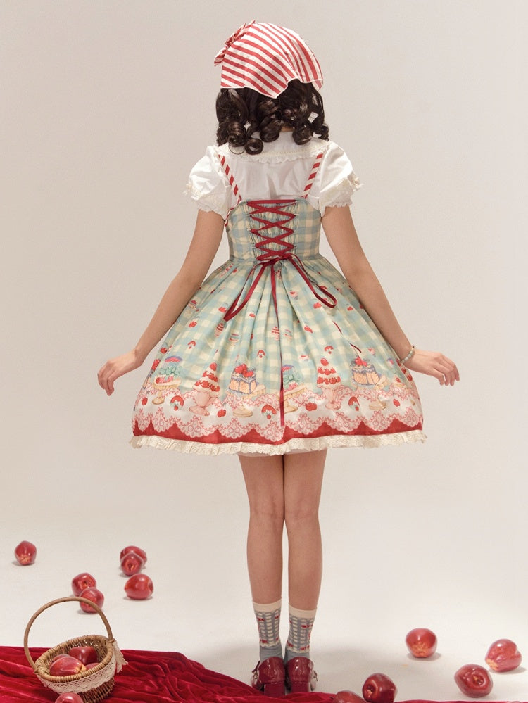 Mint Green Gingham Pattern Cherry and Dessert Sweet Lolita Jumper Skirt