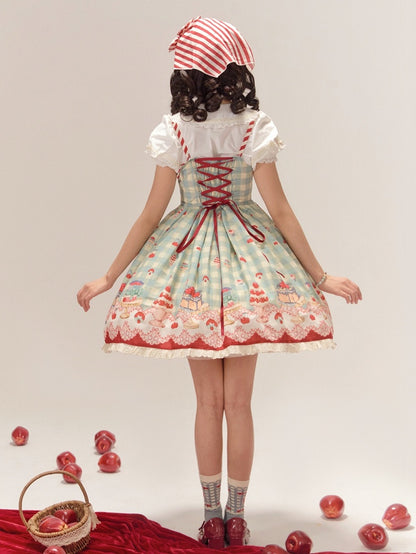 Mint Green Gingham Pattern Cherry and Dessert Sweet Lolita Jumper Skirt