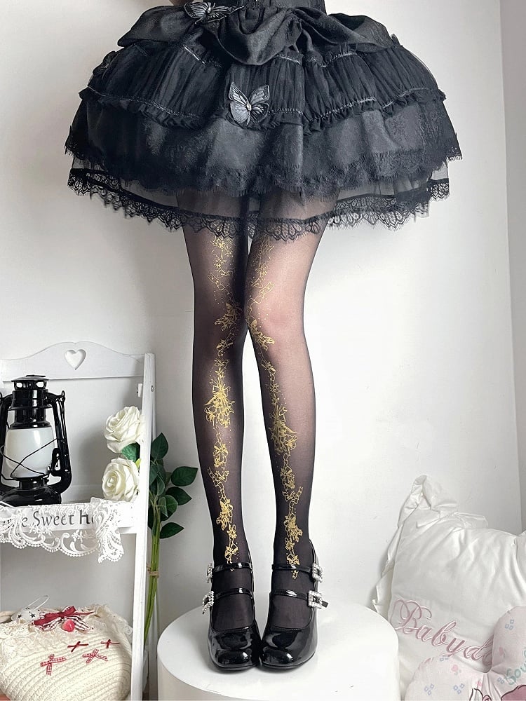 Black Pantyhose Gold Foil Colors: Floral-Print (2 Sheer