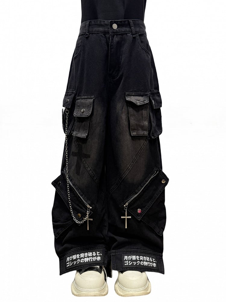 Details Black with Jeans Edge Urban Cargo Faded Zipper Straight-Leg