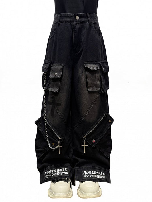 Details Black with Jeans Edge Urban Cargo Faded Zipper Straight-Leg