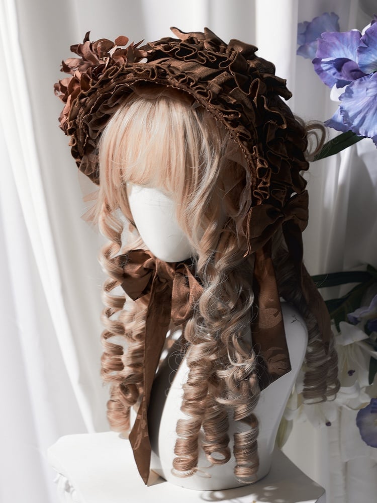 Lolita Hairband with Ruffled Black/Gray/Brown Accent Floral