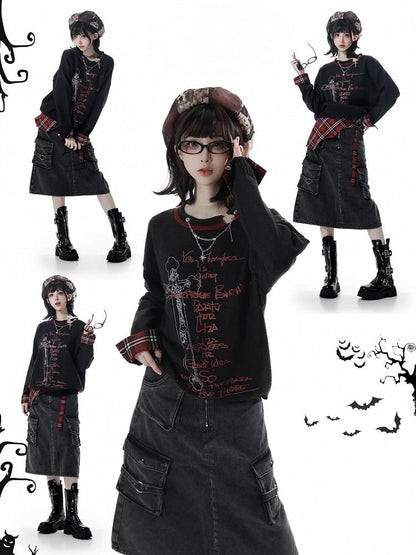 Y2K Black Sweater Print Plaid Distressed Red with Cross Cuffs