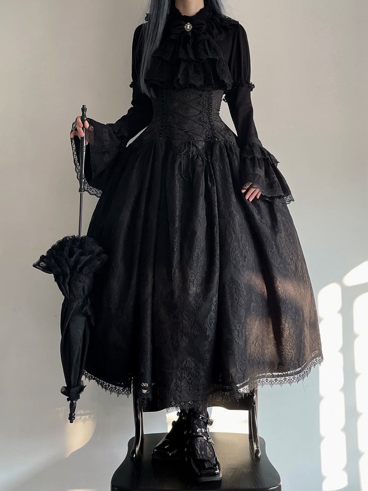 Gothic Neckline Ruffle Shirt Lolita Sleeves Kuro Black Long